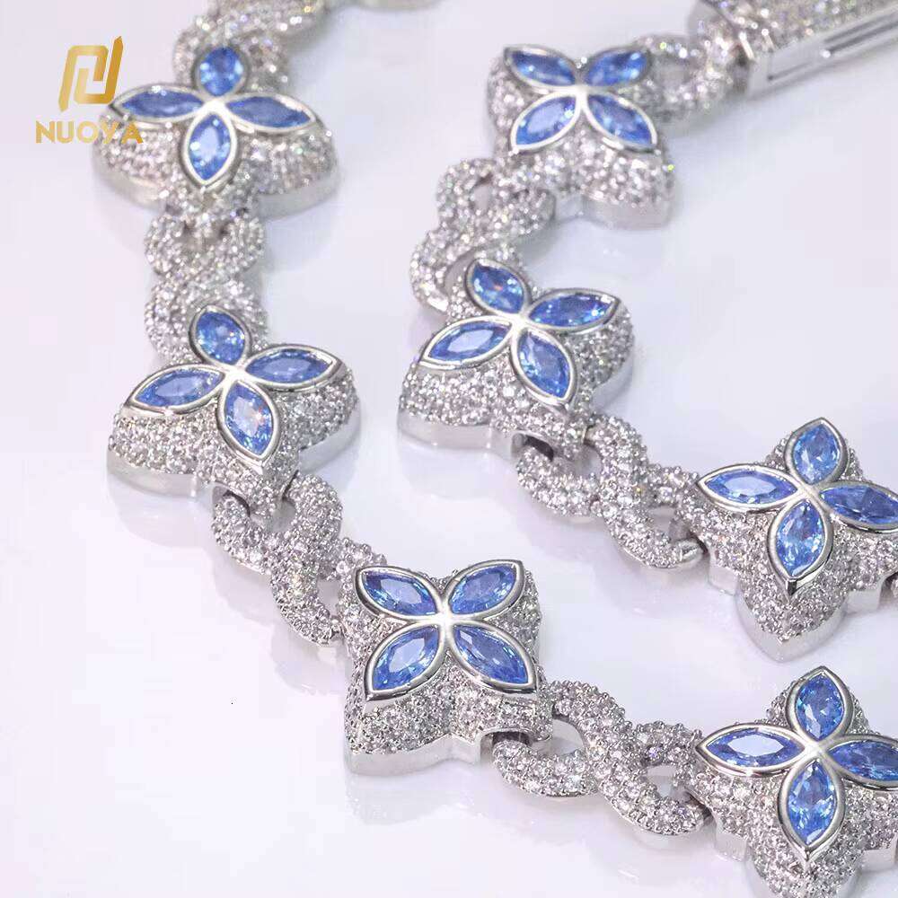 NUOYA Hip Hop Jewelry 8mm Colored Iced Out Dia Flower Infinite Symbol Chain Four Leaf Clover Necklace for Men Women