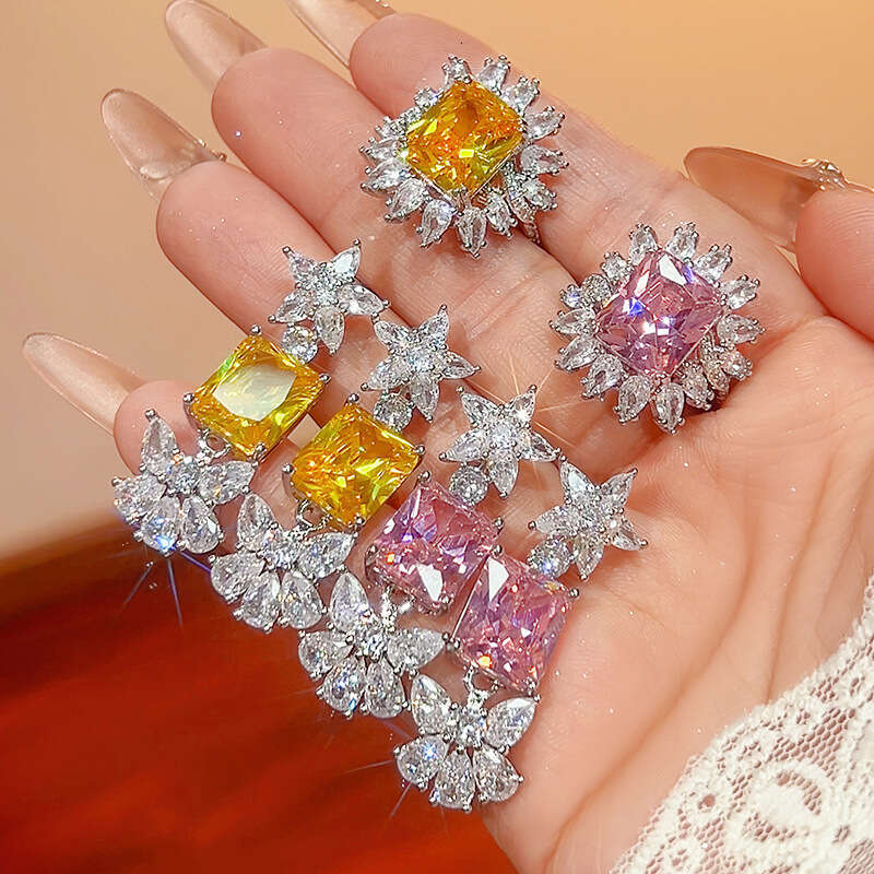 New Jewelry Set Ring Earrings Rectangular Dia Gemstone Fashion High-End Women's Style 81E