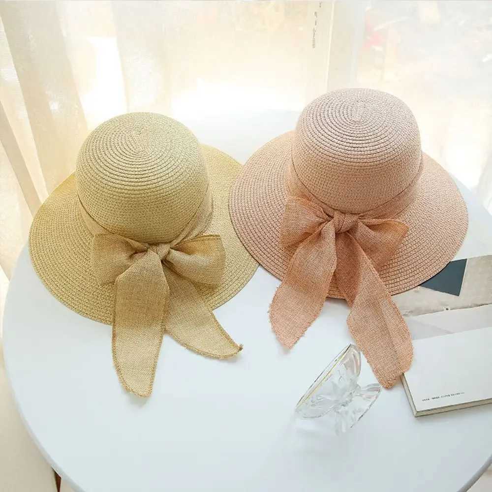 New Summer Women Sun Hat Casual Fashion Bowtie Fisherman Hat Straw Hat with Bow Ribbon Travel Beach Hat Y250707