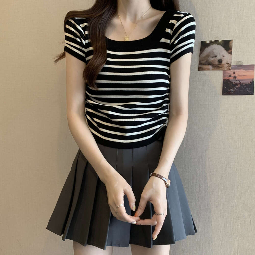 Striped Sleeve Ice Silk T-Shirt For Women Summer Loose Slimming Design Short Drawstring Versatile Top Square Neck Blouse B5
