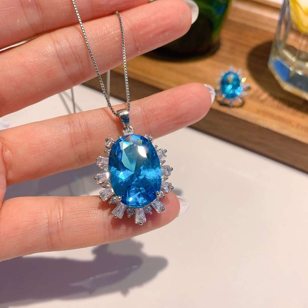New Style Simulated Princess Square Aquamarine Topaz Full Dia Color Gemstone Open Ring Luxurious Pendant Necklace Eac
