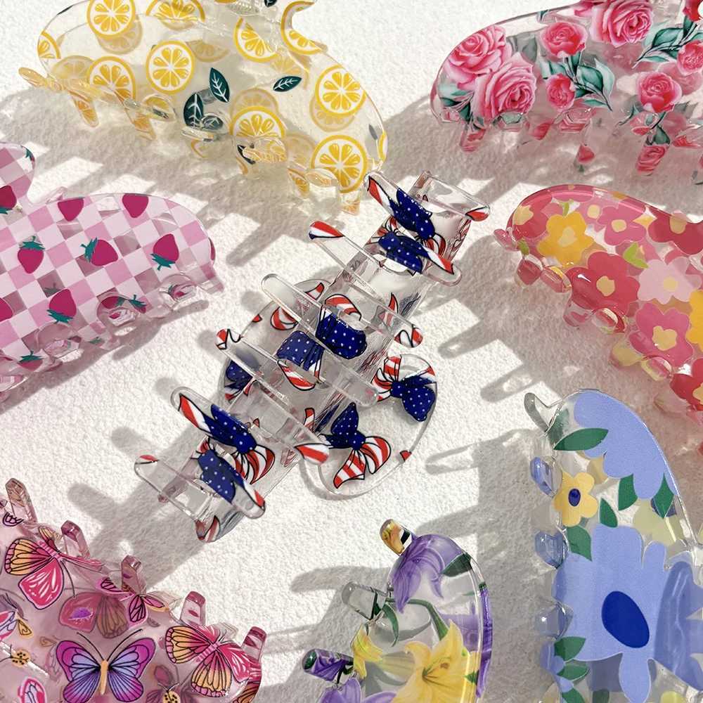 Transparent Colorful Printed Flower Butterfly Lemon Strawberry Hair Clip Claw For Women New Acrylic Barrettes Hair Accessories Y250707
