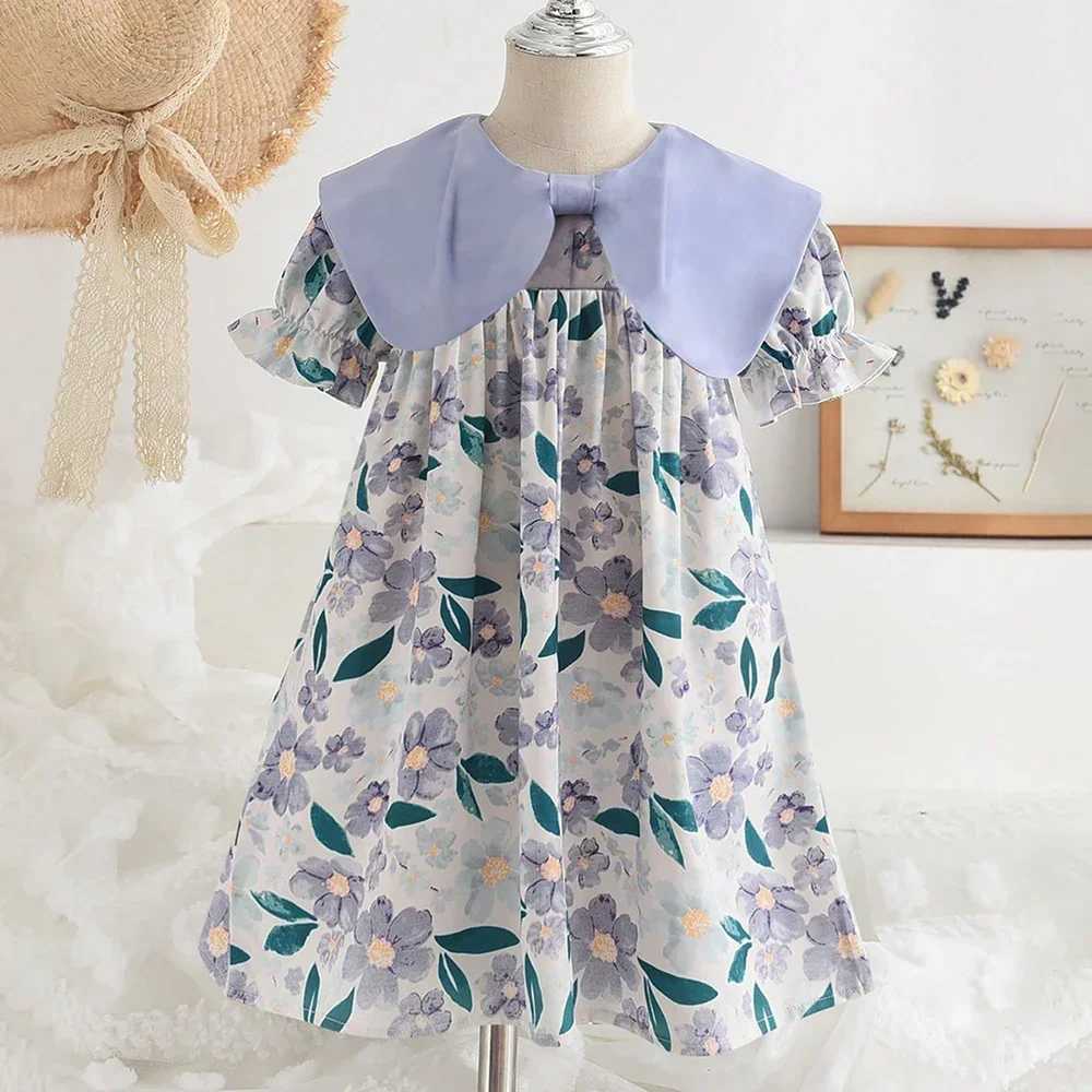 Summer Fashion Korean Version 4-8 Years Girls Cute Clothes Flower Print Turn-down Collar Dress 1 Pc Kids Casual Wear R250707
