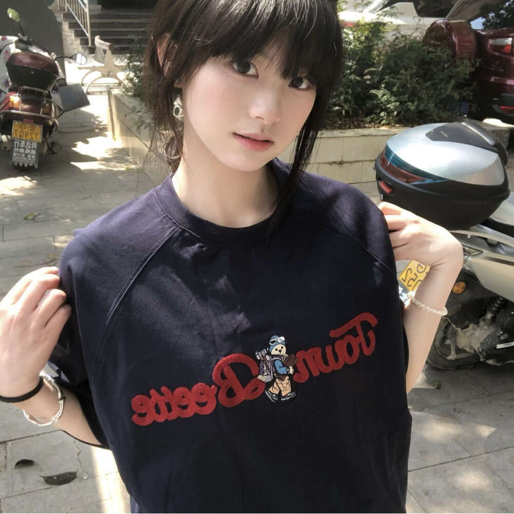 Korean Style Navy Blue Embroidered Bear Round Neck Short Sleeve T-Shirt For Women Summer New Loose Age-Reducing Top Trendy Brand B5