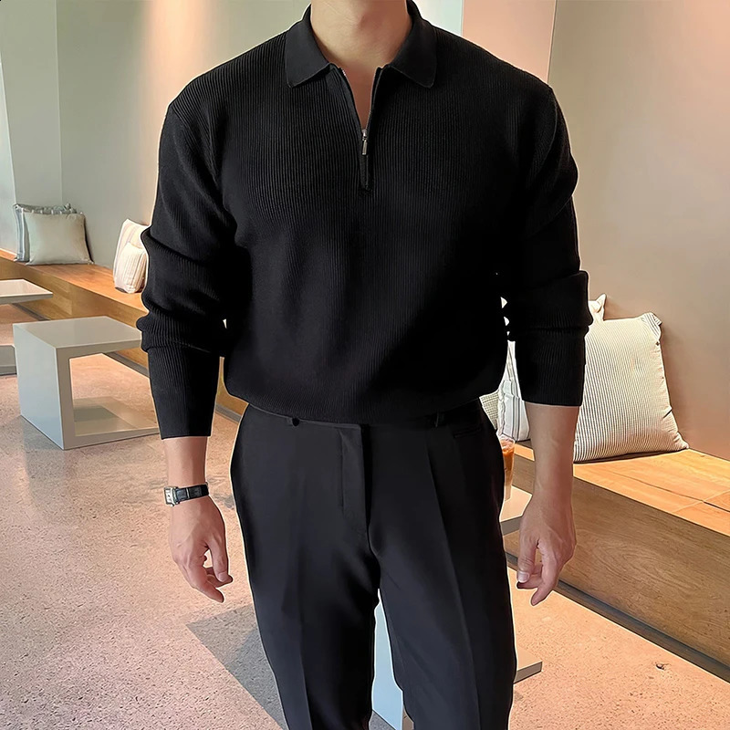 Mens Polo Neck Zipper Knit Pullover Sweater Casual Fashion Solid Color Long Sleeve Streetwear Retro Knitwear 250703