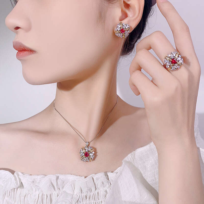 New Style Set Necklace Earrings Ring Jewelry Red Corundum Gemstone Women's High-End Fashion Light 8D4