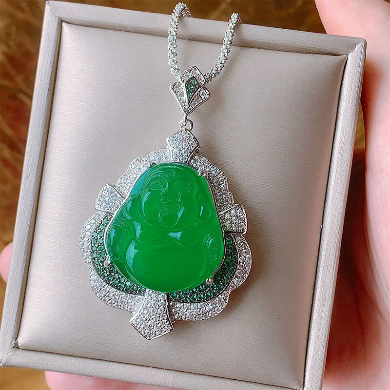 Huayoumei Jewelry Green White Chalcedony Laughing New Chinese Accessories National Style Maitreya Necklace Small Buddha Pendant A9d