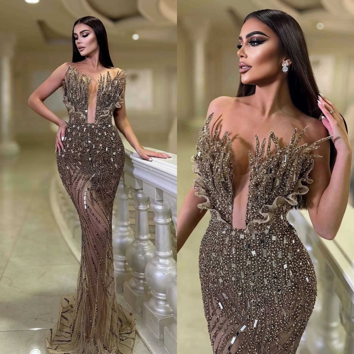 Designer Beaded Mermaid Evening Dress Strapless Sleeveless Sequins Prom Gowns Sexy Floor Length Formal Dresses Customized