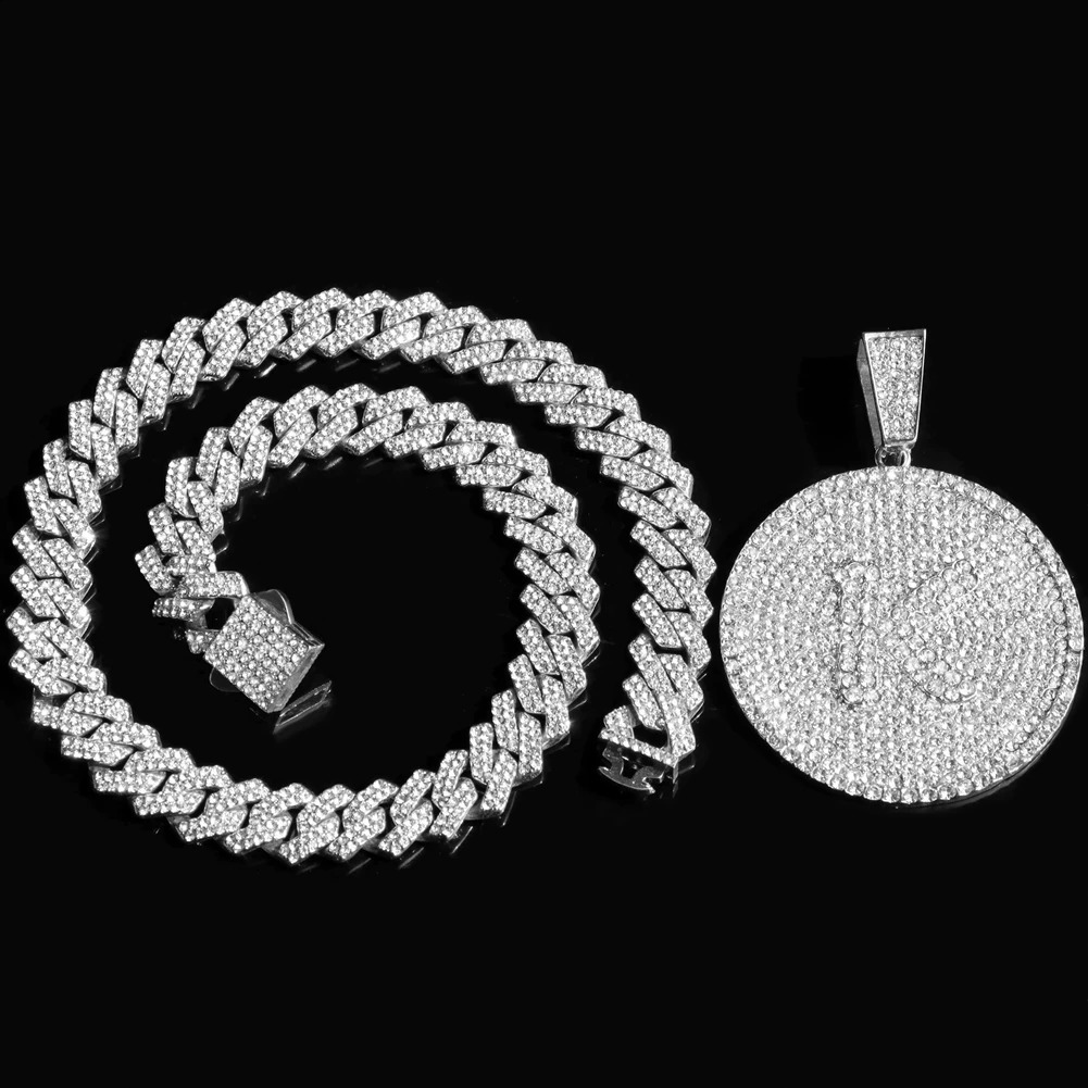iced Out Round Initial Pendant Necklace 14MM Rhombus Cuban Link Chain 26 Letter Necklaces for Women and Men Hiphop Jewelry 250707
