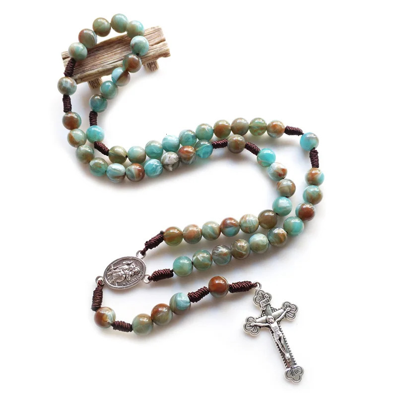QIGO Catholic Jewelry Blue Acrylic Strand Weave Rosary Necklace Cross Religious Gifts 250704