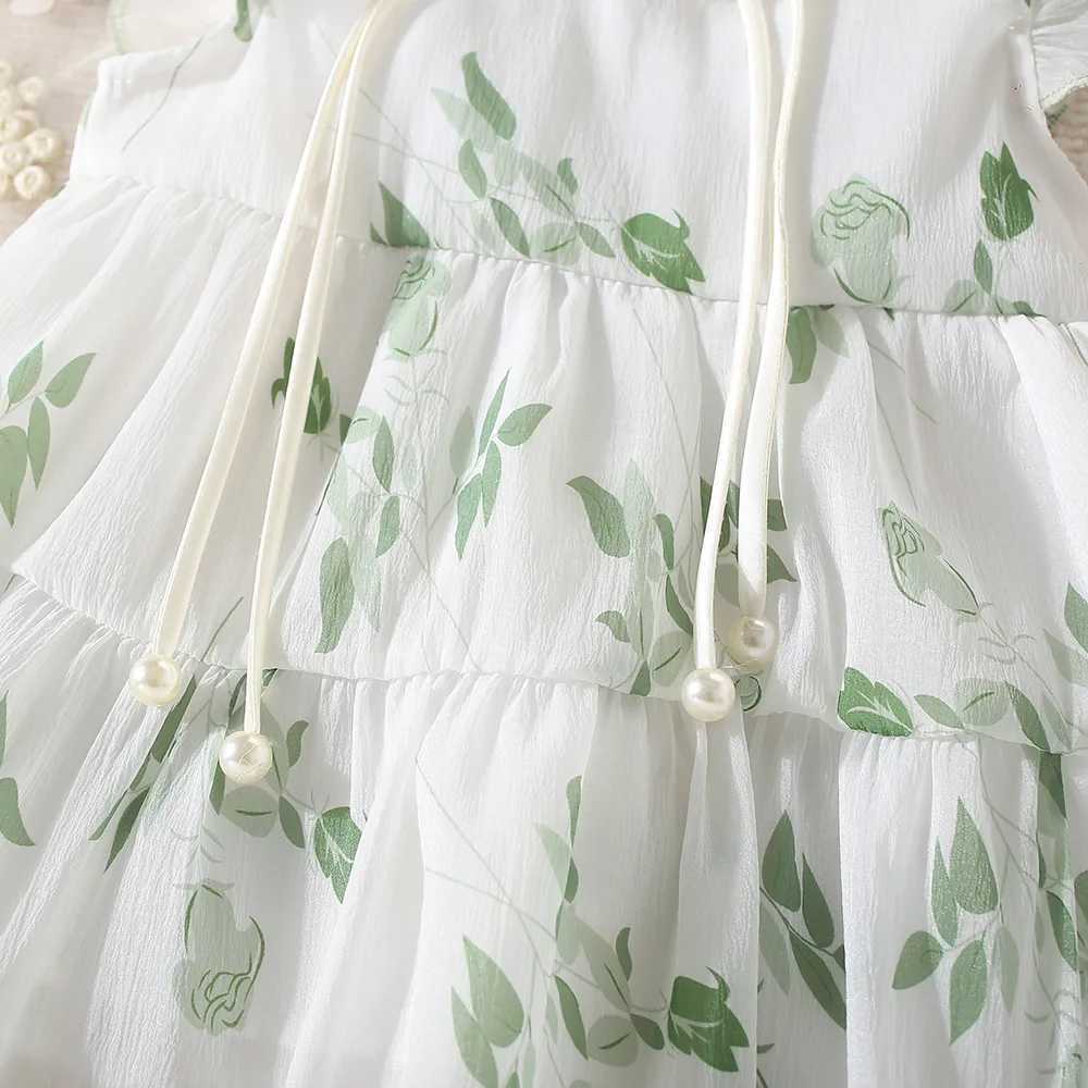 Summer New Girl Baby Dress Hand-painted Green Light and Thin Mesh Flower Small Flying Sleeves Chinese Sweet Princess Dress R250707