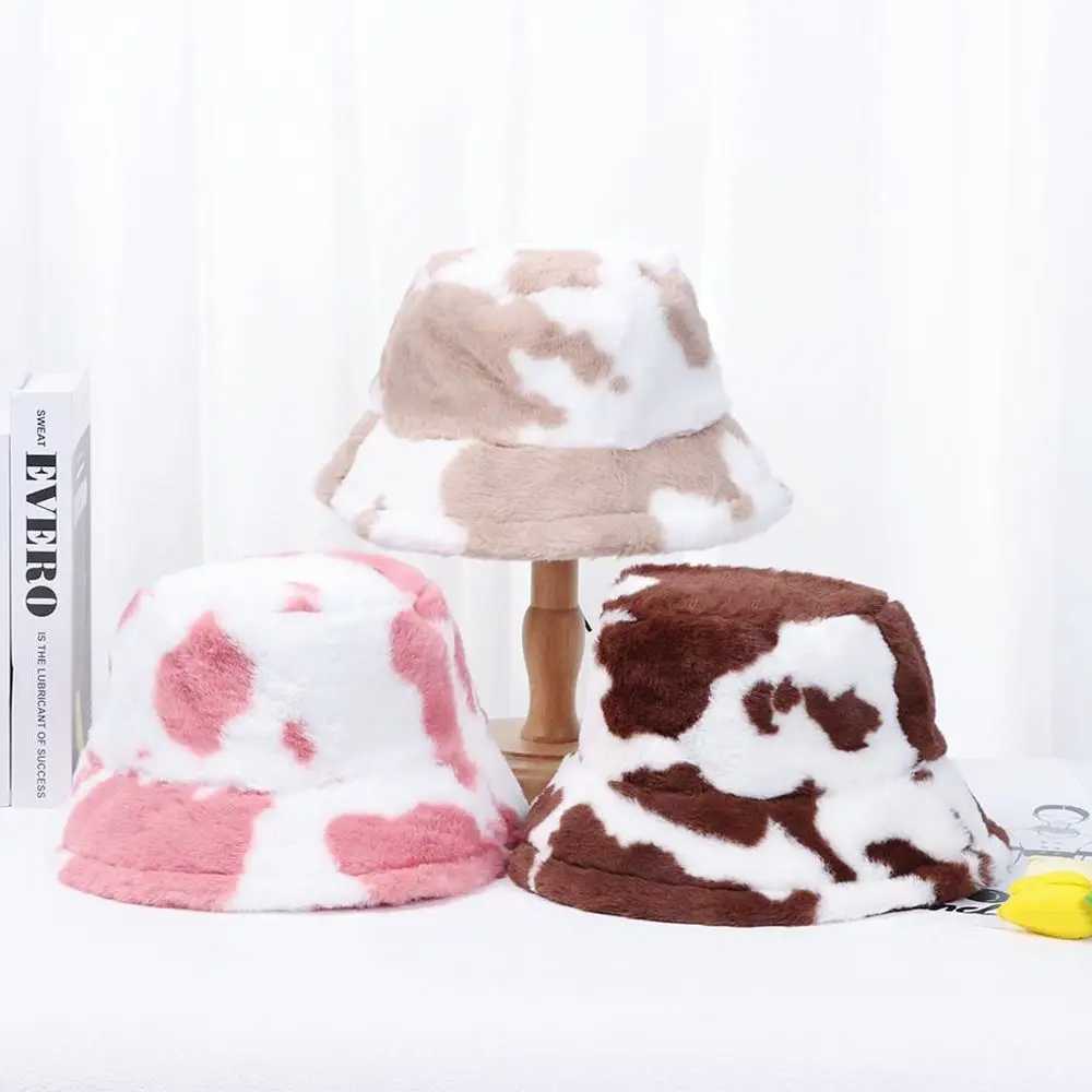 Winter Bucket Hat Womens Fashion Milk Cow Grain Panama Warm Hats Female Vintage Faux Fur Fisherman Cap Hats For Women Casual Y250707