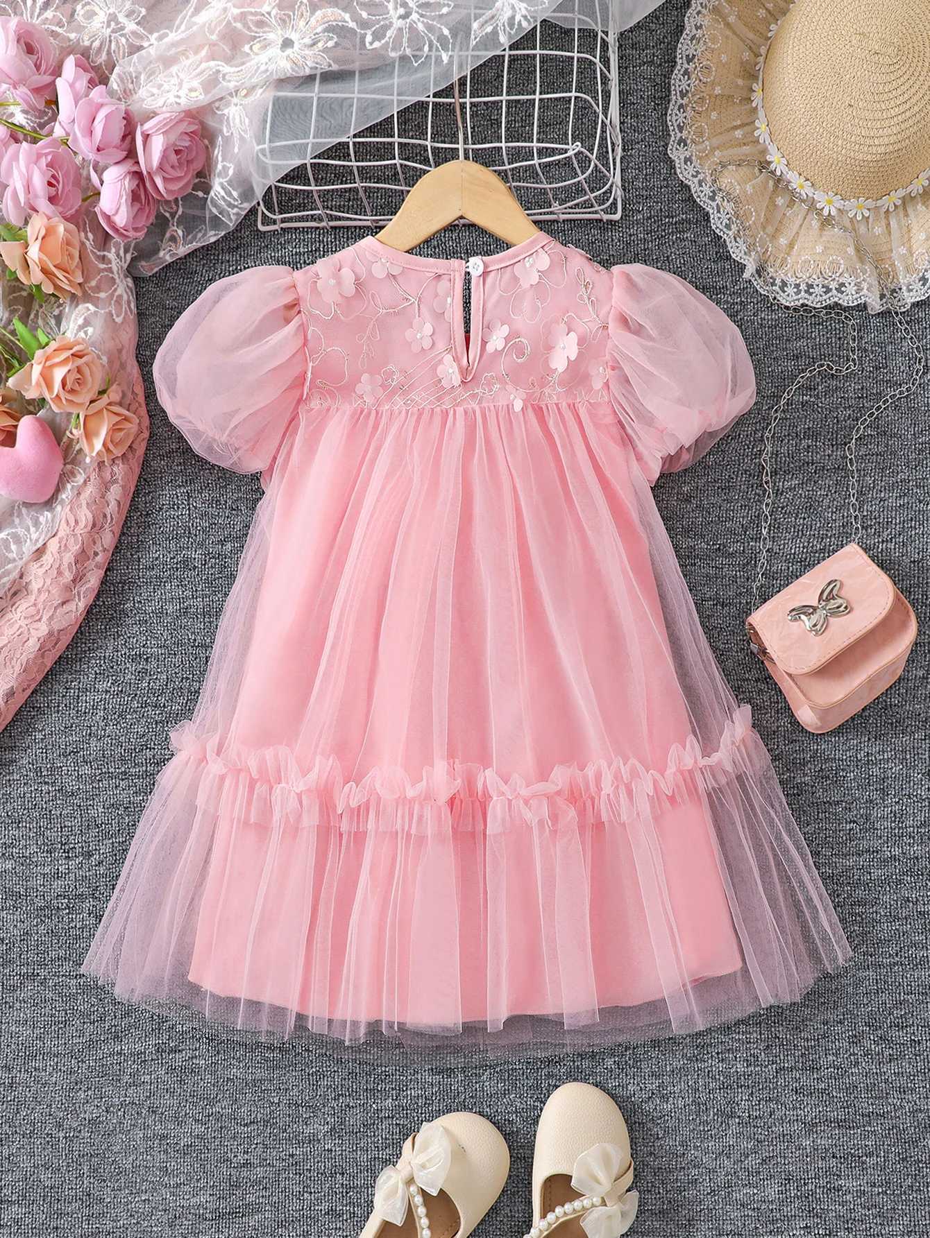 1 high-end flower-embroidered puffy tulle fashionable lady princess dress for girls in summer R250707