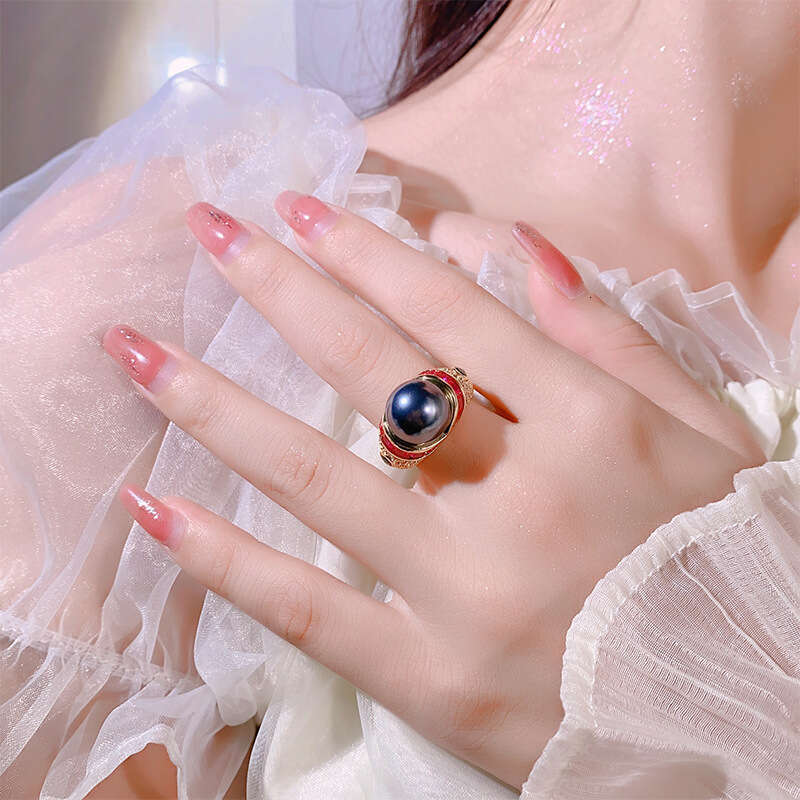 Huayoumei Gold-Plated Light Luxury Enamel Zircon Tahitian Gray Pearl Ring E2f