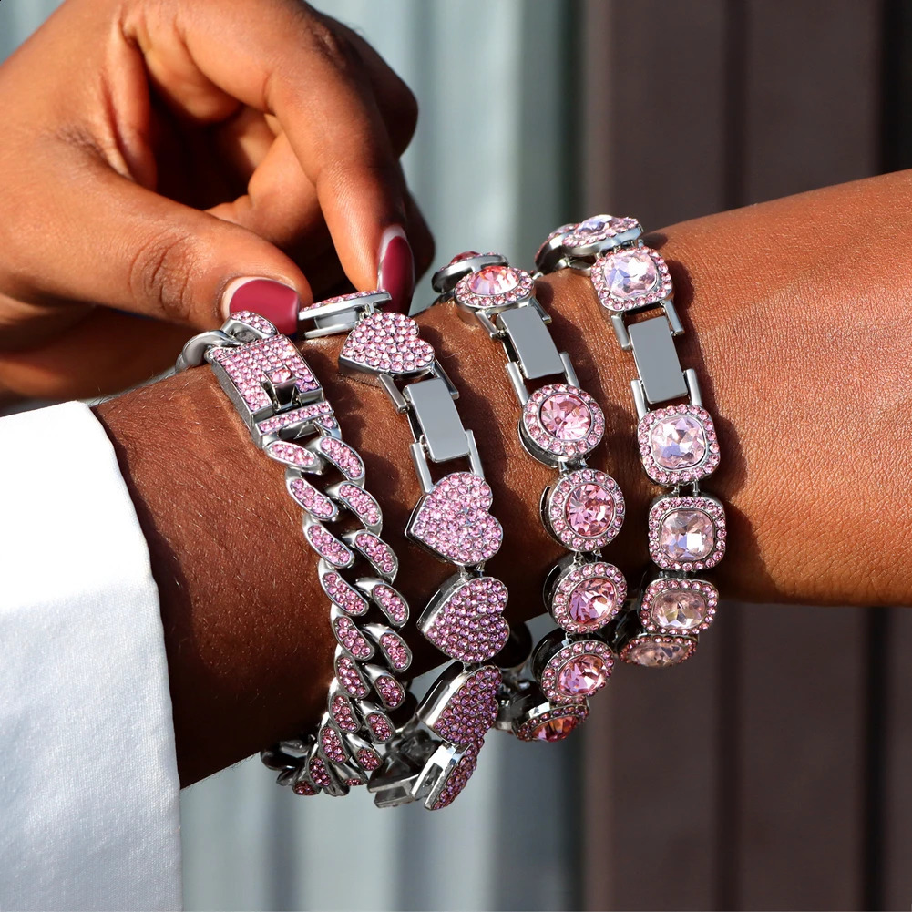 Iced Out Pink Cuban Bracelet for Women Hip Hop Gold Silver Color Crystal Heart Circle Square 4Pcs Set Jewelry Gift 250707
