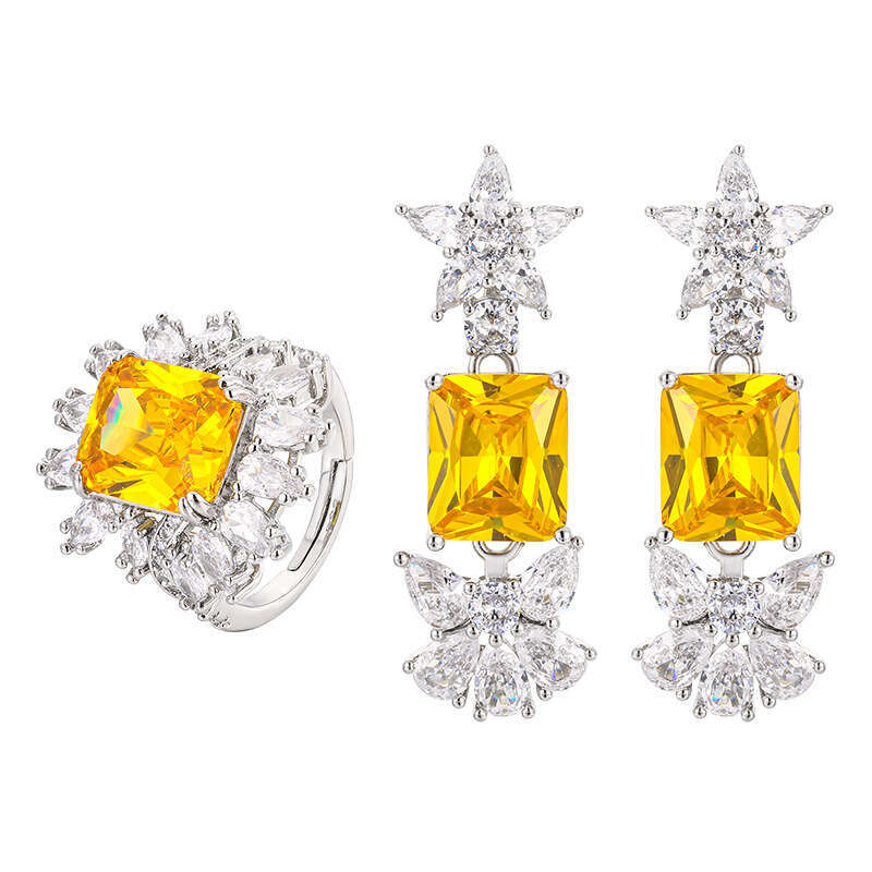 New Jewelry Set Ring Earrings Rectangular Dia Gemstone Fashion High-End Women's Style 81E