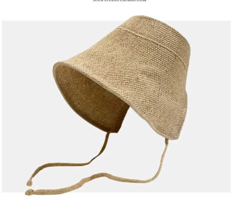 Summer Linen Bucket Hat Women With String Sun Hat Grass Women Korean Version Outdoor Beach Gig Eve Riding Panama Fisherman Hat Y250707