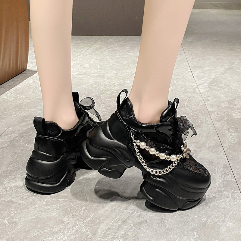 Women's Summer Platform Sneakers Breathable Mesh Lace Casual Shoes Comfortable Luxury Pearl Embellished Non Slip Running Shoes Woman Thick Bottom