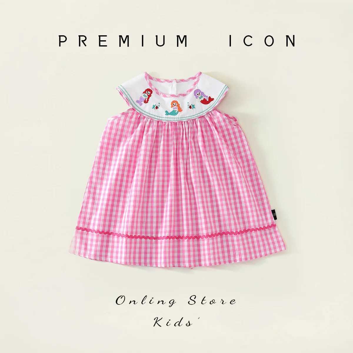 Girls Embroidered Checkered Dress 2025 Summer New Style Children Sweet Style Pure Cotton Sleeveless Vest Skirt R250707