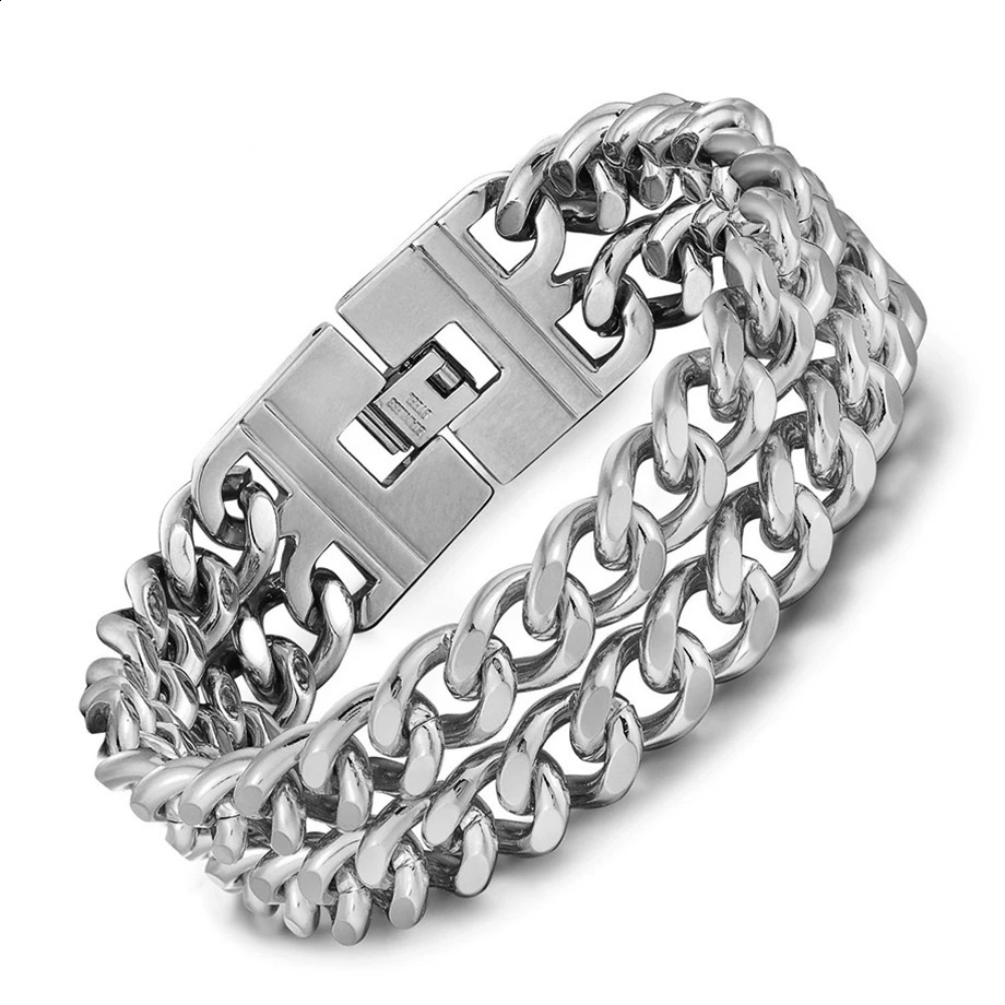 Punk Stainless Steel Double Curb Cuban Link Bracelet For Men 24mm Thick Gold Color Chain Hip Hop Jewelry Mens Gift 250707