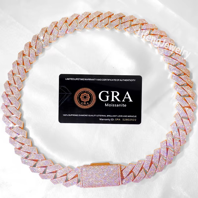 20mm 4 Row Sterling Sier Rose Gold Cuban Chain Men's Full Ice Hip Hop Sandstone Thin Necklace