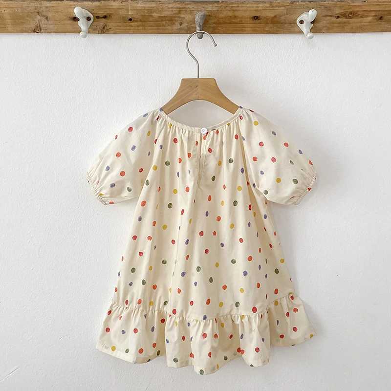 New Girls Puff Sleeve Dress Summer Cute Colored Dots Printed Princess Dress Toddler Kids Clothes 2-6Y Ruffled Collar Clothing R250707