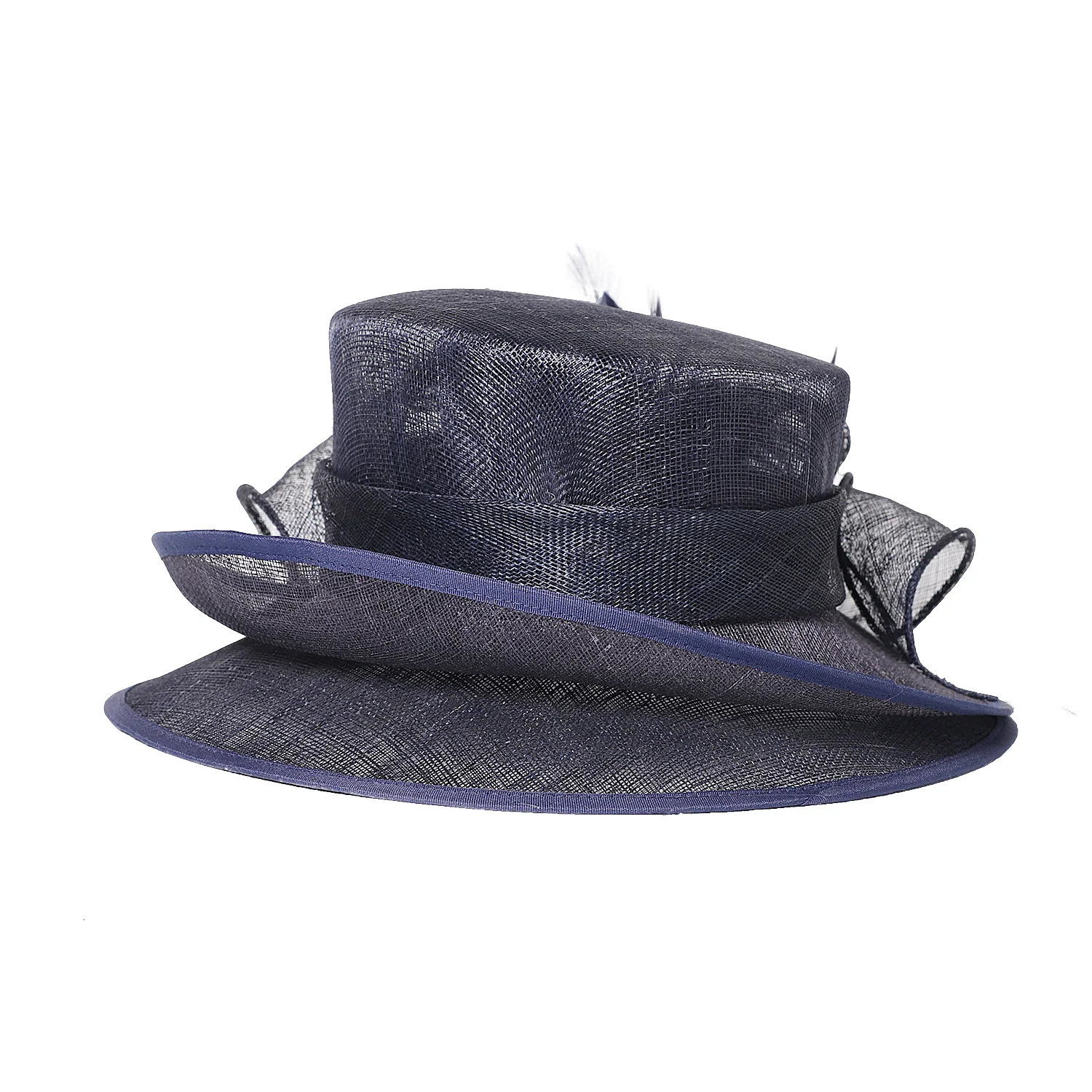 FS Sinamay Wedding Hats For Women Elegant Summer Flat Top Church Hat Navy Feather Tea Party Fascinators Fascinators 250707