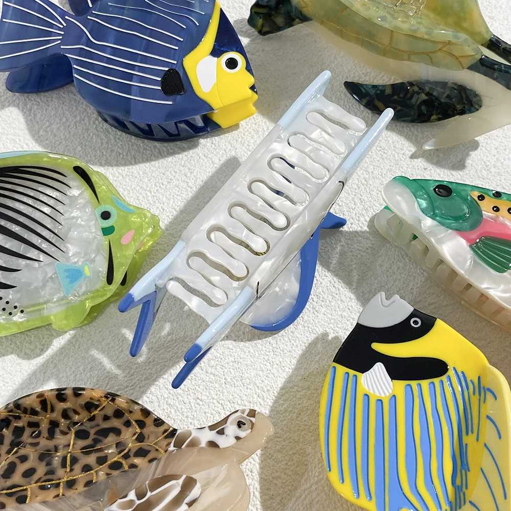 Creative Funny Acetate Tortoise Sturgeon Fish Shark Hairpin Oversize Marine Animal Barrettes Thick Hair Clip Claw Accessories Y250707