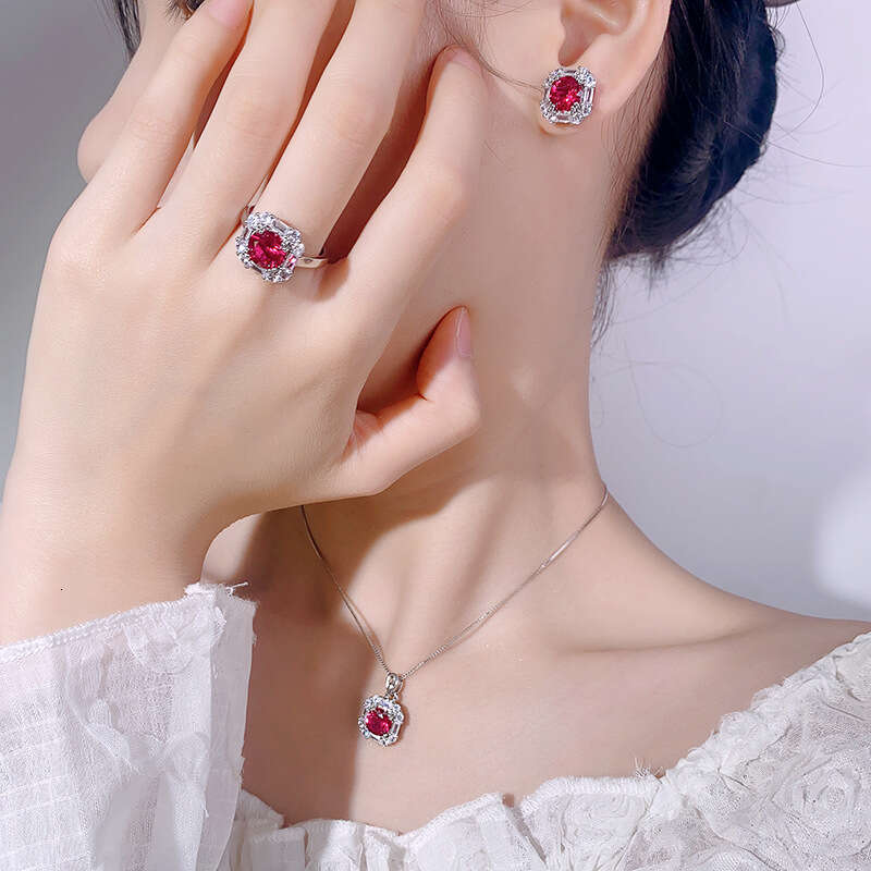 Gold-Plated Copper Jewelry Set Earrings Necklace Ring Red Niche Simple Fashion Women's Style Dfe