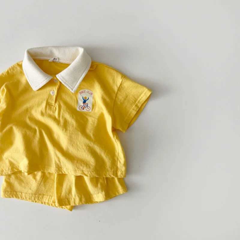 Summer New Boy Fashion Polo Sports Clothing Set Kid Simple Turn-down Collar T-shirt With Solid Loose Thin Cotton Shorts 2-piece Set R250707