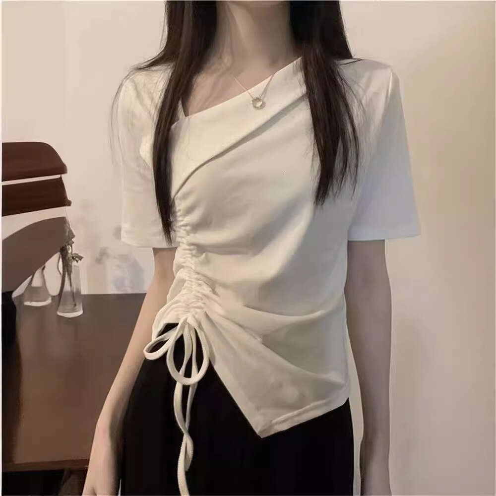 New Korean Style Sweet Elegant Design Sense Niche Irregular Drawstring Unique V-Neck Short Sleeve T-Shirt Top For Women B5