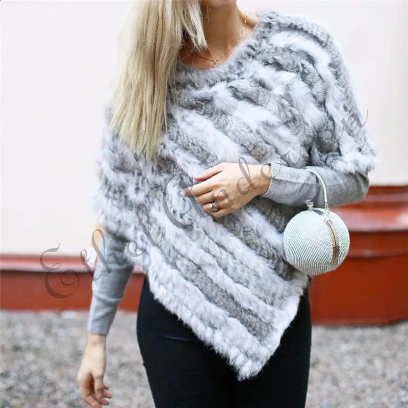 ETHEL ANDERSON Fur Knitted Rabbit Fur Poncho Vest Fashion Wrap Coat Vtg Shawl Lady Natural Fur Wedding Party Wholesale 250703