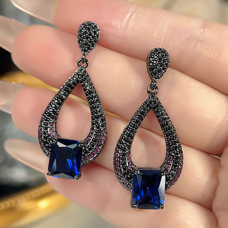Jewelry Live Room Same Style Black Gold Plated Colorful Gemstone Luxurious Exaggerated Blue Topaz Stud Earrings For Women 674