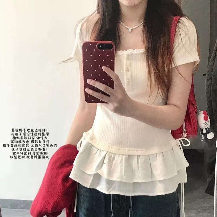 Lace Trim U-Neck Regular Shoulder Short Sleeve T-Shirt For Women Summer New Design Slim Fit Sweet Style Trendy Top B5