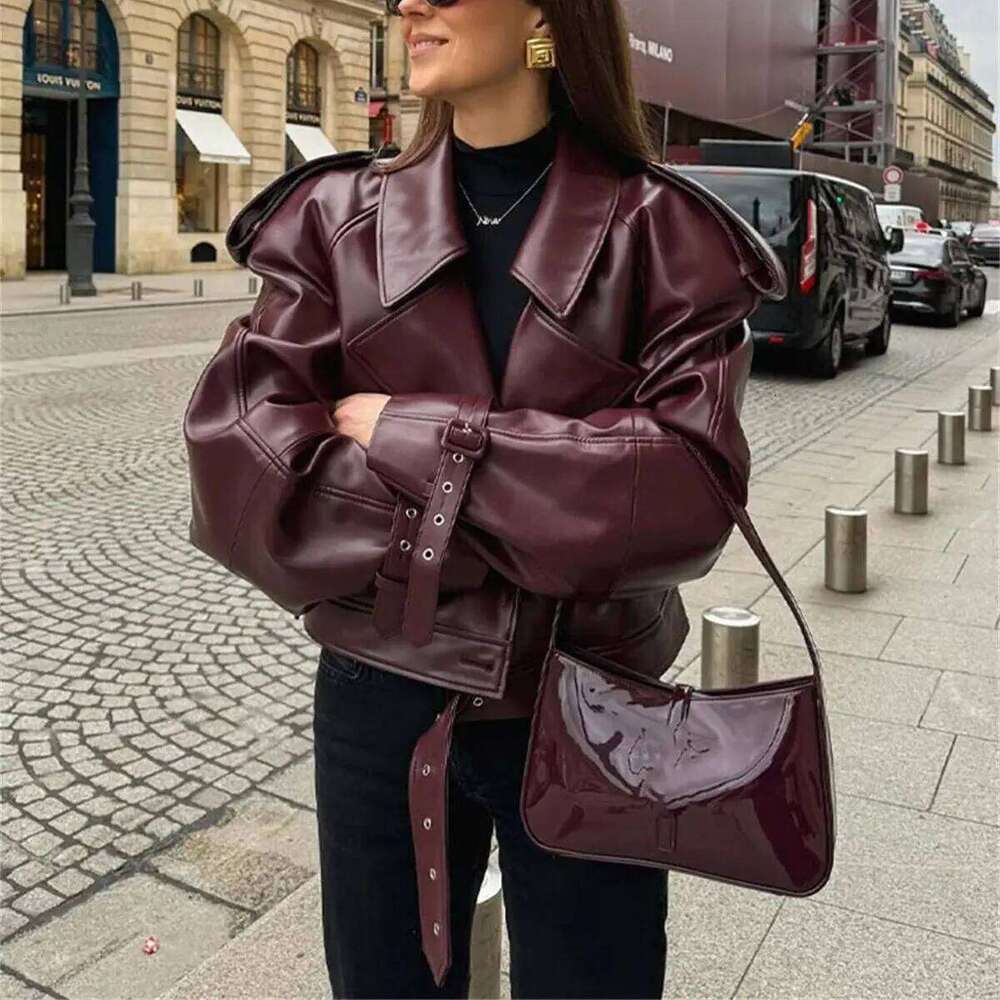 Fashion Lapel Leather Jacket Autumn Winter Women's Jackets Vintage Long Sleeve Crop Coats Belt High Street New In Outerwear