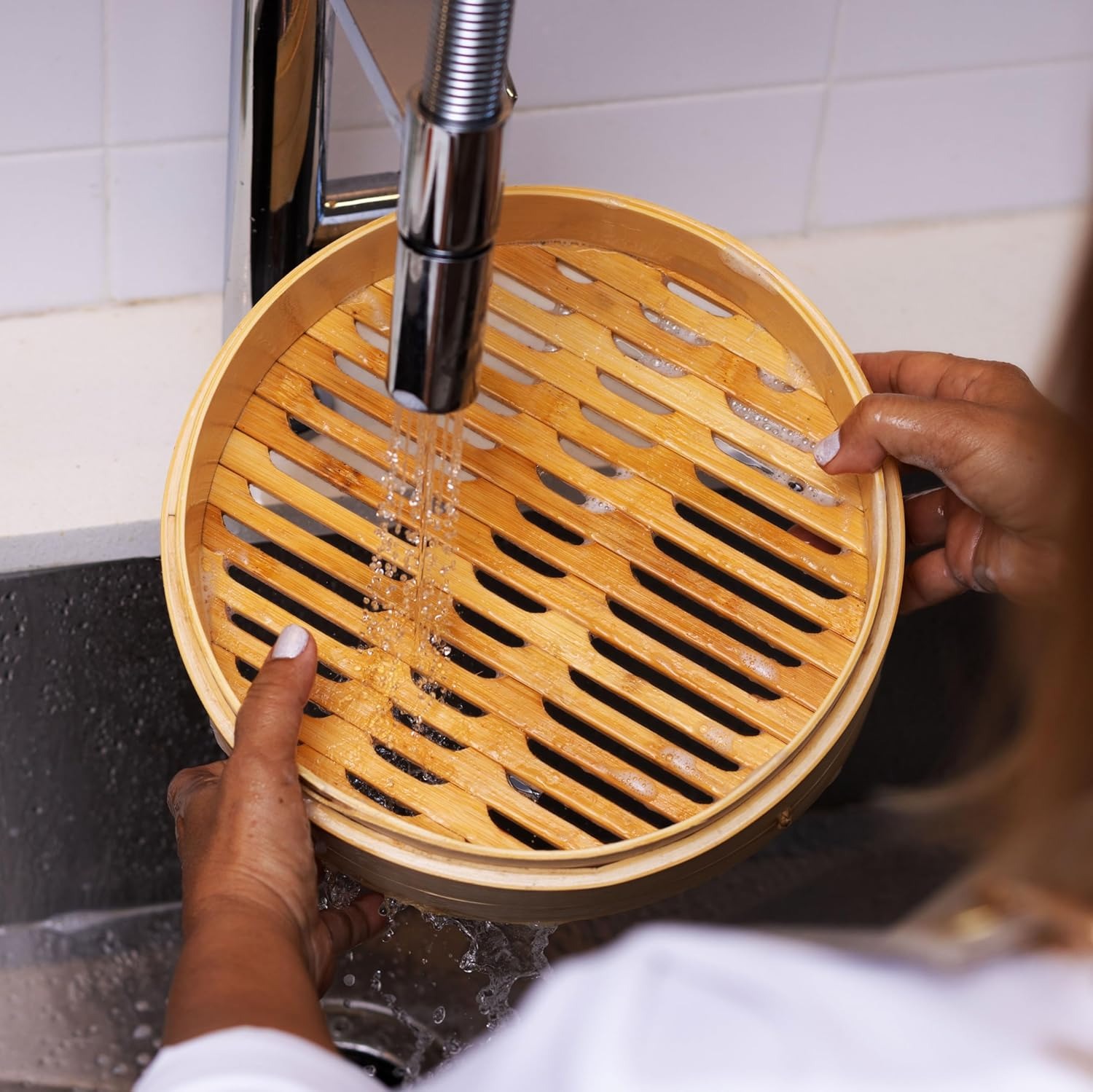 10 Inch 2-Tier Natural Bamboo Steamer - Reinforced Handle & Liner for Dumplings, Dim Sum, Buns | Traditional Chinese/Japanese Steamer Basket for Veget