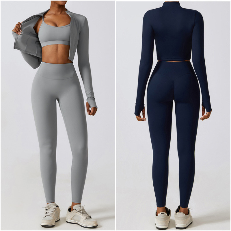 8347 Womens Yoga Outfit Three Pieces Suits Vest+Pants+Jackets Exercise Close-Fitting Fitness Wear Running Elastic Workout Sportswear High Waist Trouser Tops