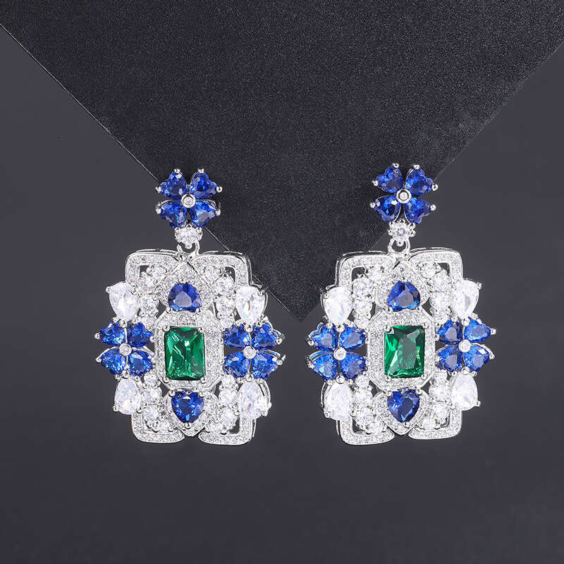 Court Style High-End Blue Heart Flower Square Stud For Women Micro-Inlaid Zircon Drop Earrings Fcd