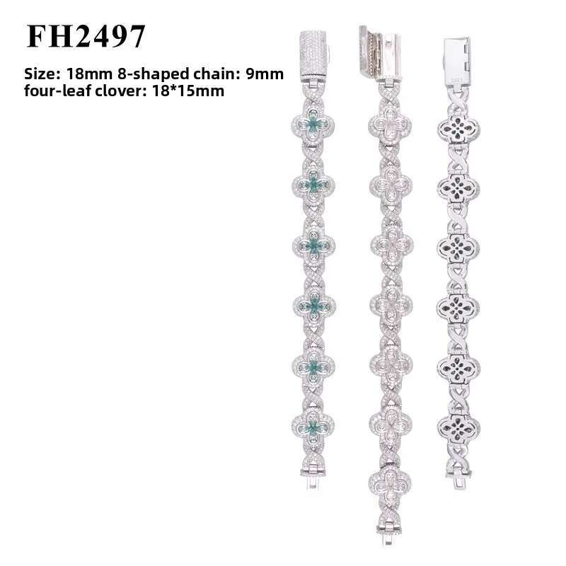 Hip Hop 925 Sliver Clover Shape Design Iced Out VVS Moissanite Diamond Cuban Link Chain Bracelet Jewelry for Mens