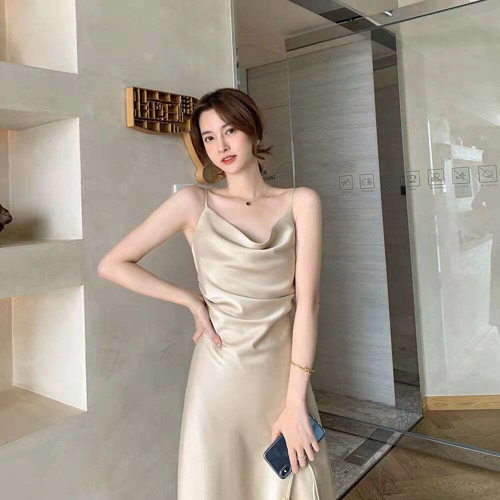 Summer Champagne Color Acetate Satin High-End Versatile Slimming Scoop Neck Gentle Style Strap Long Dress B5
