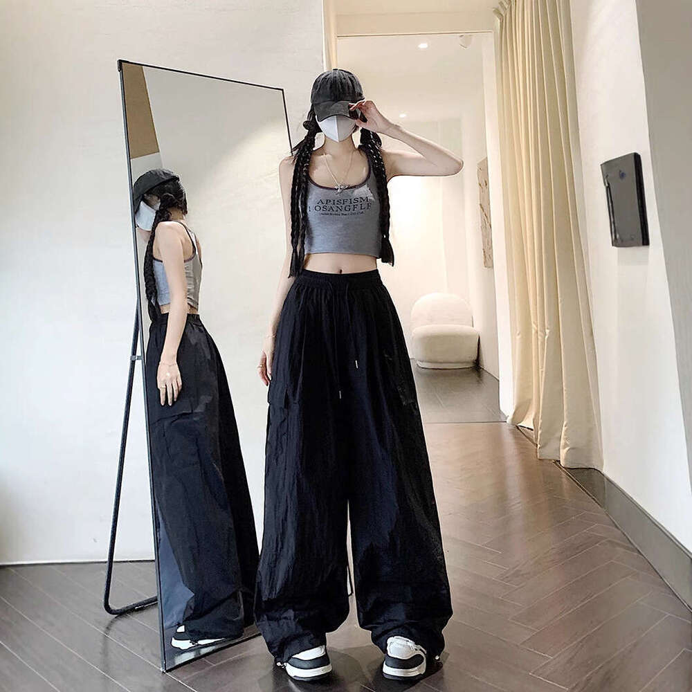 Plus Size American Style Cargo Wide-Leg For Women, Summer Thin Loose Slimming Drawstring Quick-Dry Casual Sports Straight Pants Trendy B5