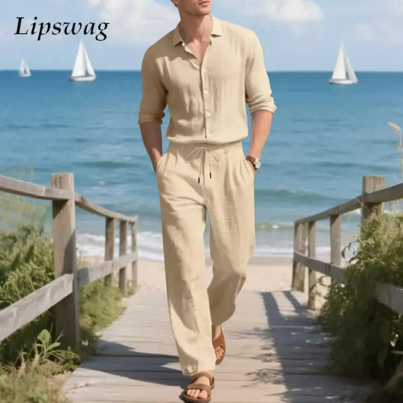 Vintage Solid Color Long Sleeve Outfits For Mens Spring Summer Casual Linen Shirt And Pants Men Two Piece Suits Fashion Sets 250707
