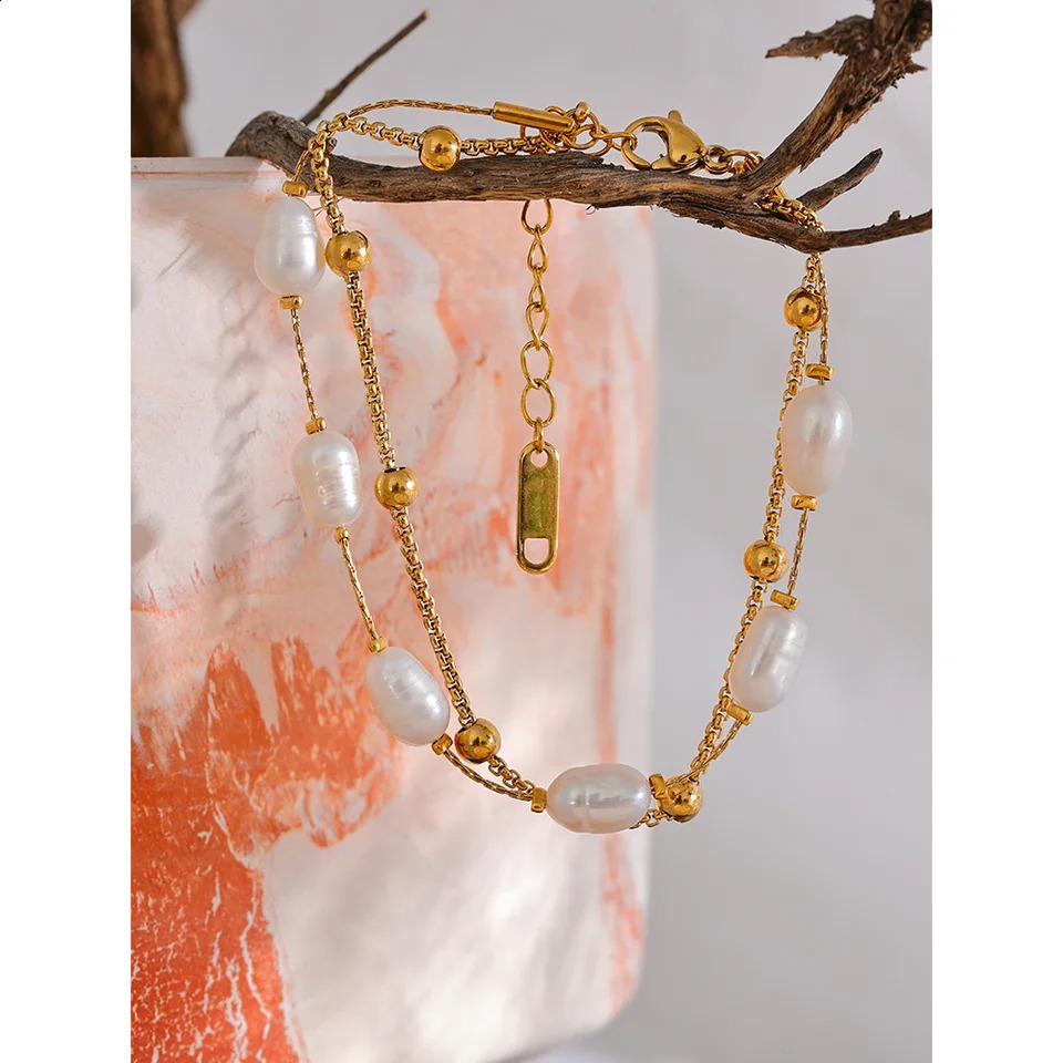 Yhpup Natural Pearls Double Layer Chain Stainless Steel Charm Bracelet Bangle Women Stylish Summer Jewelry Waterproof 250707