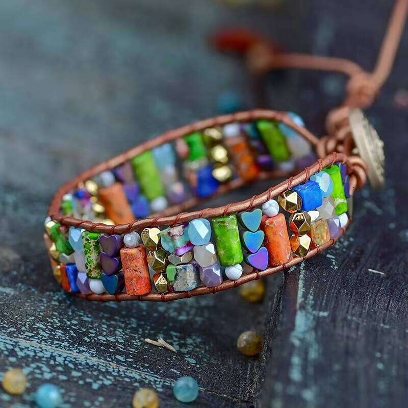 Women's Bohemian Heart Shape Hematite Imperial Natural Stone Single Leather Bag Bracelet