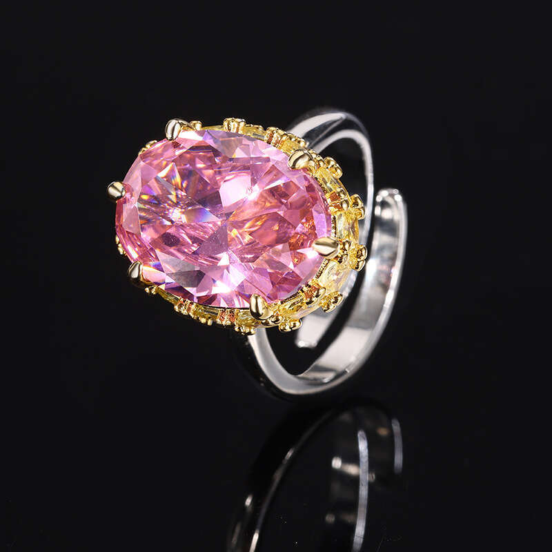 Gold-Plated Copper Full Small Square Oval Egg-Shaped Large Pink Diamond Ring Fashion Luxury Red Corundum Emerald Women's Cfd