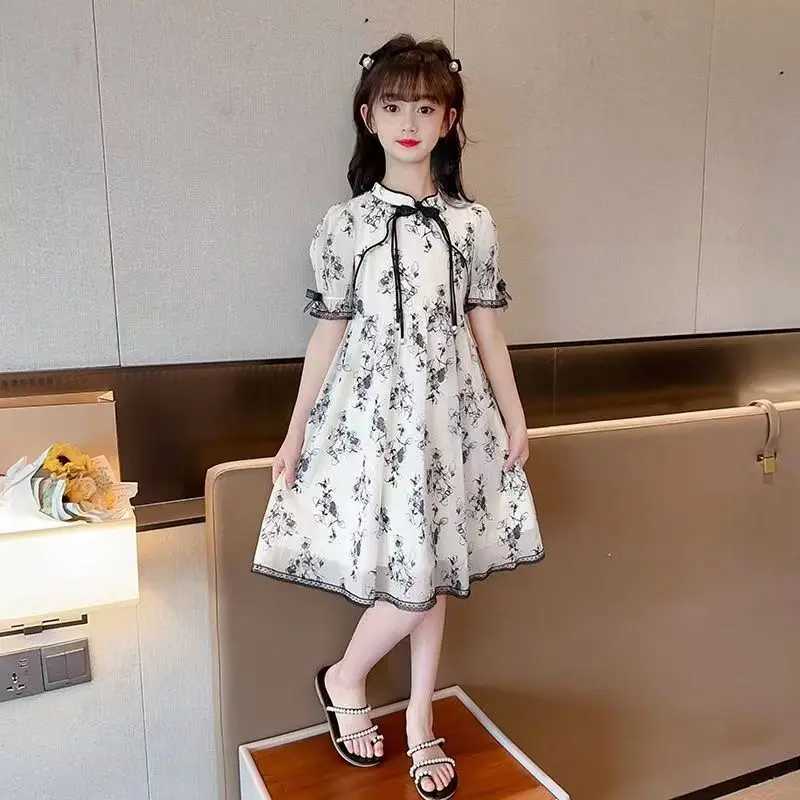 2024 New Vintage Qipao Dress for Girls Summer Ink Painted Childrens Princess Dress Summer Flower Girl Dresses 8 10 11 12 Years R250707