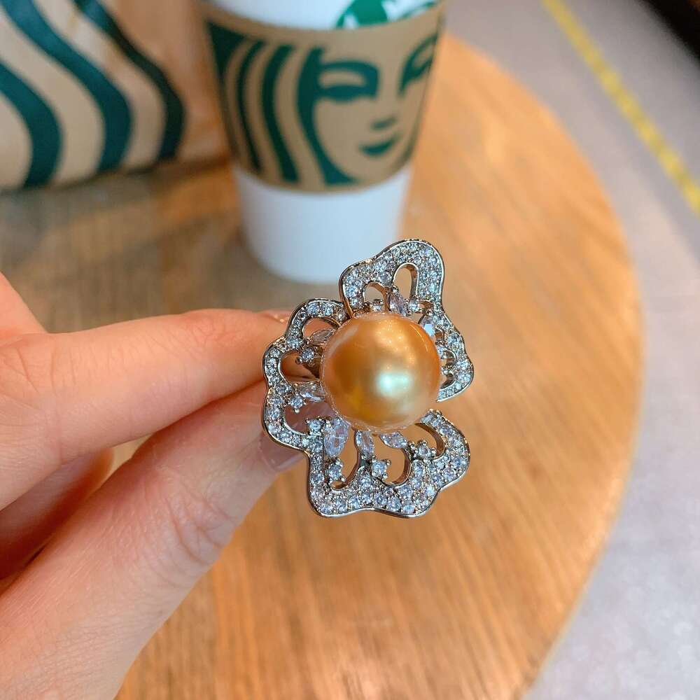 Tiktok Live White Diamond Mother-Of-Pearl Ring Women Adjustable Pearl Jewelry For Banquets 15E