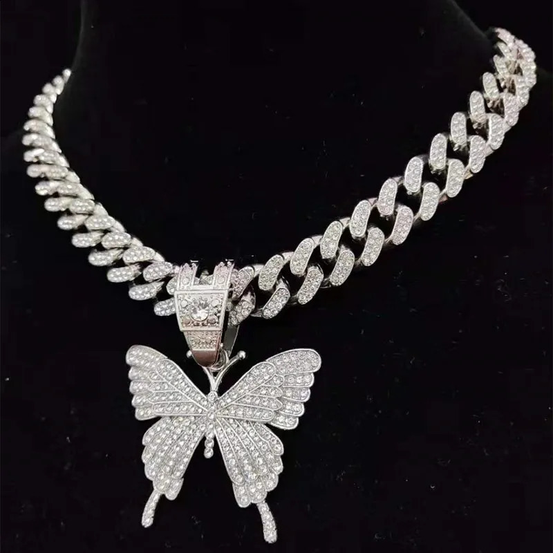Men Women Hip Hop Iced Out Bling Butterfly Pendant Necklace with 13mm Miami Cuban Chain HipHop Necklaces Fashion Charm Jewelry 250707
