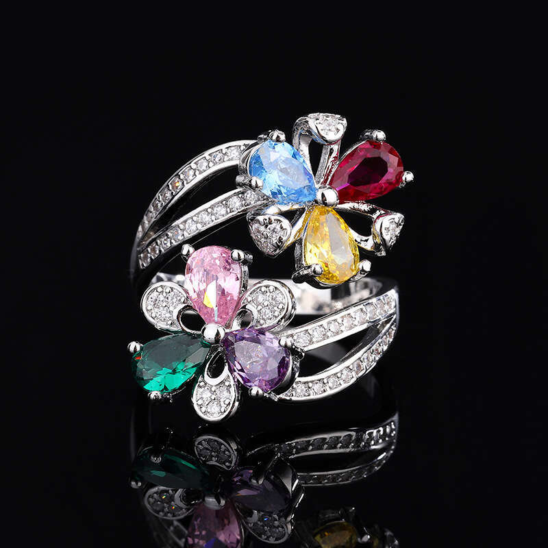 New Tiktok Ring Zircon Gemstone Red Corundum Flower Exaggerated Inlaid Open Women Bdf