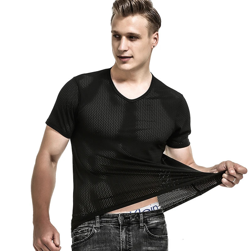 Ice mesh eye T-shirt Mens mesh breathable mesh hollow sports fitness summer quick dry loose V-neck mesh short sleeve 250617